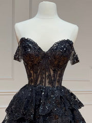 Robe de bal courte en tulle noir en tulle noir, robe de retour noire