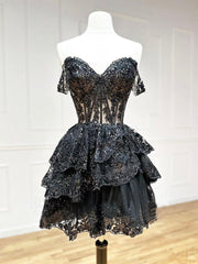Robe de bal courte en tulle noir en tulle noir, robe de retour noire