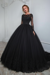 White Aline Wedding Gown Long Sleeves Tulle Bridal Dress with Lace Appliques