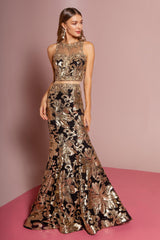 Black and Gold Two Piece Long Prom Dress