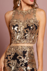 Black and Gold Two Piece Long Prom Dress
