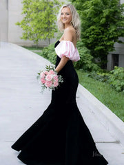Black and Pink Velvet Mermaid Prom Dresses 2025 with Puffed Sleeve – FD5080