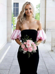 Black and Pink Velvet Mermaid Prom Dresses 2025 with Puffed Sleeve – FD5080