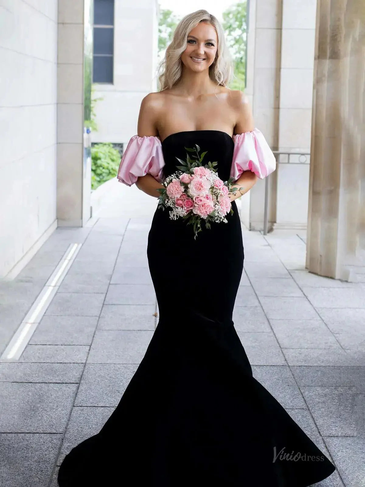 Black and Pink Velvet Mermaid Prom Dresses 2025 with Puffed Sleeve – FD5080