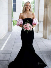 Black and Pink Velvet Mermaid Prom Dresses 2025 with Puffed Sleeve – FD5080
