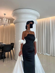 Black and White Satin Mermaid Prom Dresses with Dripped Back Cape & 3D Flower - FD5265