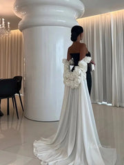 Black and White Satin Mermaid Prom Dresses with Dripped Back Cape & 3D Flower - FD5265