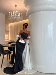 Black and White Satin Mermaid Prom Dresses with Dripped Back Cape & 3D Flower - FD5265