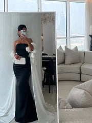Black and White Satin Mermaid Prom Dresses with Dripped Back Cape & 3D Flower - FD5265