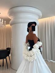 Black and White Satin Mermaid Prom Dresses with Dripped Back Cape & 3D Flower - FD5265