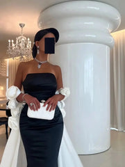 Black and White Satin Mermaid Prom Dresses with Dripped Back Cape & 3D Flower - FD5265