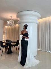 Black and White Satin Mermaid Prom Dresses with Dripped Back Cape & 3D Flower - FD5265