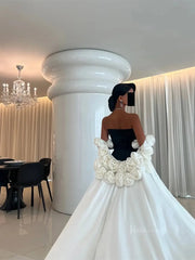 Black and White Satin Mermaid Prom Dresses with Dripped Back Cape & 3D Flower - FD5265