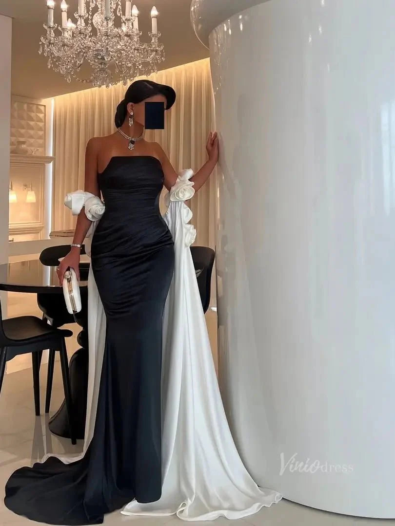 Black and White Satin Mermaid Prom Dresses with Dripped Back Cape & 3D Flower - FD5265
