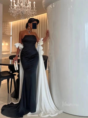 Black and White Satin Mermaid Prom Dresses with Dripped Back Cape & 3D Flower - FD5265