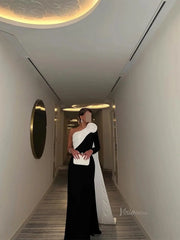 Black and White Sheath Prom Dresses with Watteau Train & 3D Flower - FD5263