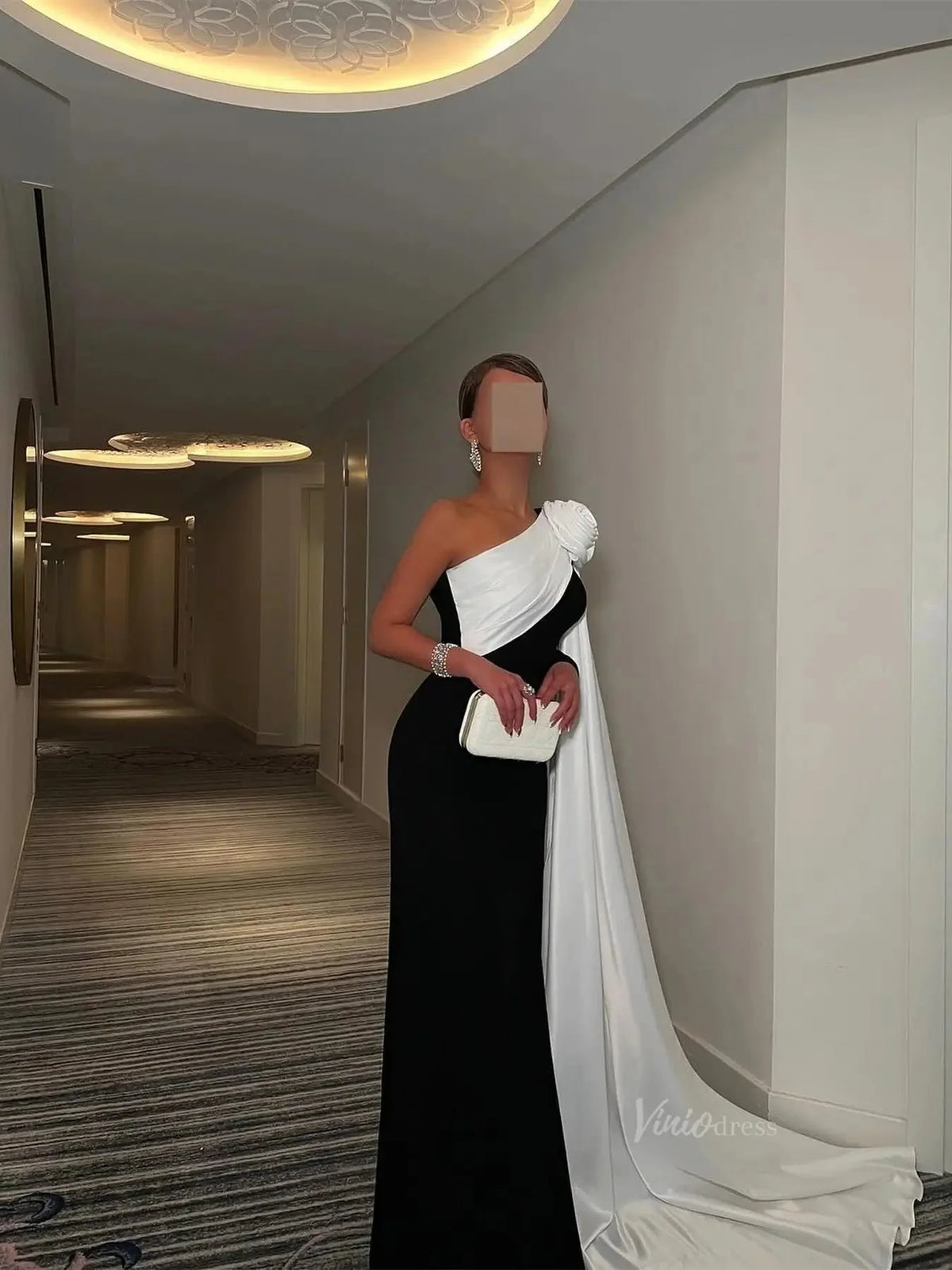 Black and White Sheath Prom Dresses with Watteau Train & 3D Flower - FD5263