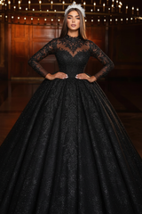 Glitter Appliques Lace Beaded A-Line Wedding Dress Long Sleeves