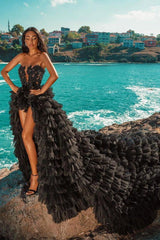 Gorgeous Black Strapless Prom Dress Tulle Evening Gown Party Dress Trailing Long Formal Dress HZ1024