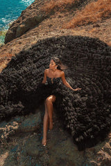 Gorgeous Black Strapless Prom Dress Tulle Evening Gown Party Dress Trailing Long Formal Dress HZ1024
