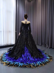 Black Beaded Sequin Wedding Gown Feather Long Sleeve Quinceanera Dress 241060