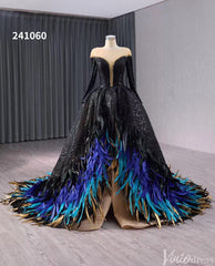 Black Beaded Sequin Wedding Gown Feather Long Sleeve Quinceanera Dress 241060