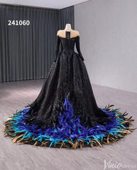 Black Beaded Sequin Wedding Gown Feather Long Sleeve Quinceanera Dress 241060