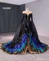 Black Beaded Sequin Wedding Gown Feather Long Sleeve Quinceanera Dress 241060