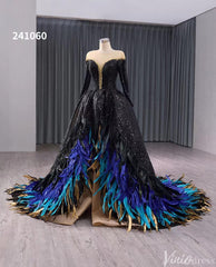 Black Beaded Sequin Wedding Gown Feather Long Sleeve Quinceanera Dress 241060