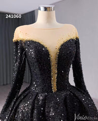 Black Beaded Sequin Wedding Gown Feather Long Sleeve Quinceanera Dress 241060