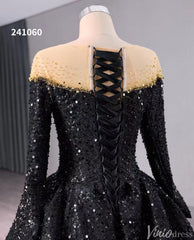 Black Beaded Sequin Wedding Gown Feather Long Sleeve Quinceanera Dress 241060