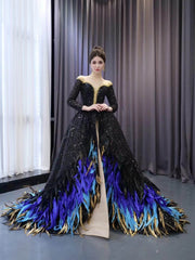 Black Beaded Sequin Wedding Gown Feather Long Sleeve Quinceanera Dress 241060