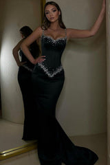Black Beaded Straps Prom Dress Long Sweetheart Formal Dress