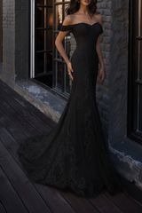 Boho Wedding Dresses Mermaid Off The Shoulder Lace Short Sleeve Bridal Gown With Sweep Train