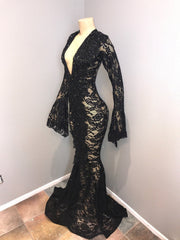 Black Deep V-Neck Long Sleeves Lace Sheer Floor Length Prom Dress