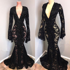 Black Deep V-Neck Long Sleeves Lace Sheer Floor Length Prom Dress