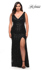 La Femme Striped Sequin Plus-Size Long Prom Dress