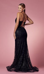 Beaded-Bodice Long Glitter Prom Dress with Corset