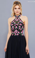 Long Halter Prom Dress with Embroidered Bodice