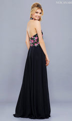 Long Halter Prom Dress with Embroidered Bodice