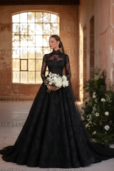 Elegant High Neck Long Sleeves  A-Line Appliques Lace Wedding Dress