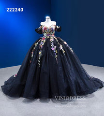 Black Floral Ball Gown Wedding Dress Off the Shoulder Sweet 16 Dress 222240