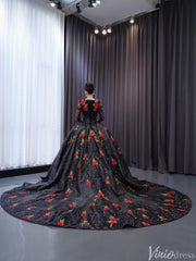 Black Floral Lace Rosette Wedding Dresses Sparkly Long Sleeve Quinceanera Dress 241038