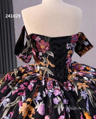 Black Floral Lace Wedding Dresses Off the Shoulder Quinceanera Dress 241029