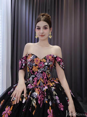 Black Floral Lace Wedding Dresses Off the Shoulder Quinceanera Dress 241029