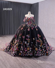 Black Floral Lace Wedding Dresses Off the Shoulder Quinceanera Dress 241029