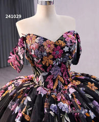 Black Floral Lace Wedding Dresses Off the Shoulder Quinceanera Dress 241029