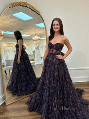 Black Floral Tulle Ruffled Prom Dresses with Sweetheart Neckline & Sheer Boned Bodice - FD5312