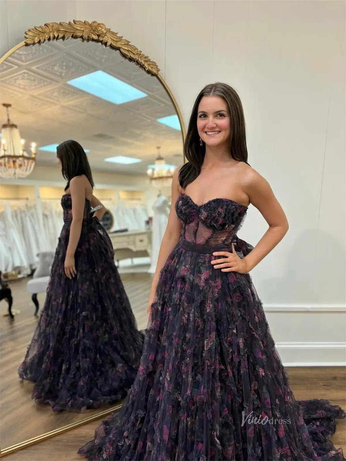 Black Floral Tulle Ruffled Prom Dresses with Sweetheart Neckline & Sheer Boned Bodice - FD5312