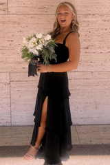A-Line Straps Layered Satin Formal Prom Dress with Slit